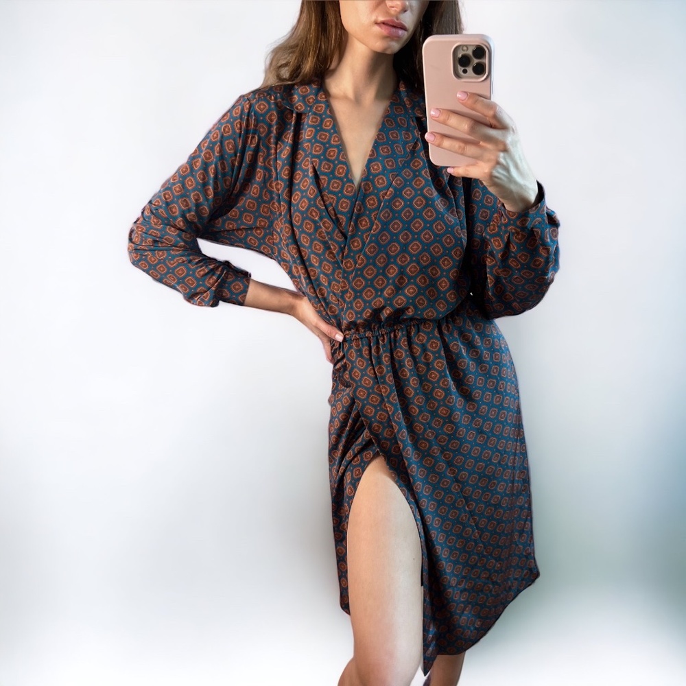 Liz Claiborne Vintage Teal and Orange Geometric Print Wrap Midi Dress Size 8